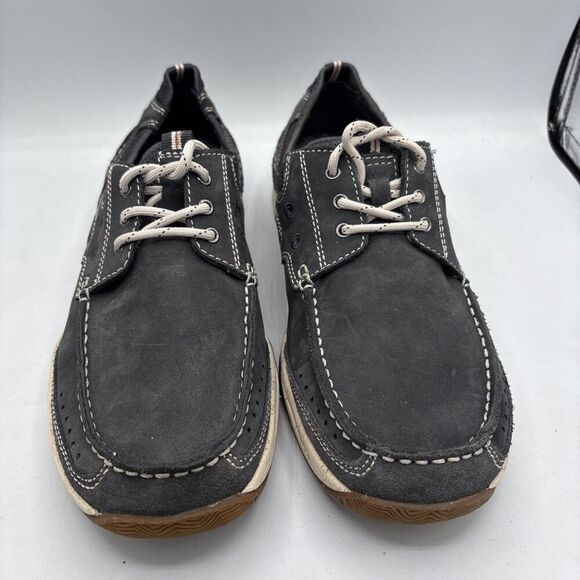 CLARKS Allston Edge Mens Leather Boat Shoe Navy Nubuck 9M Marine Blue lace up - Picture 2 of 8